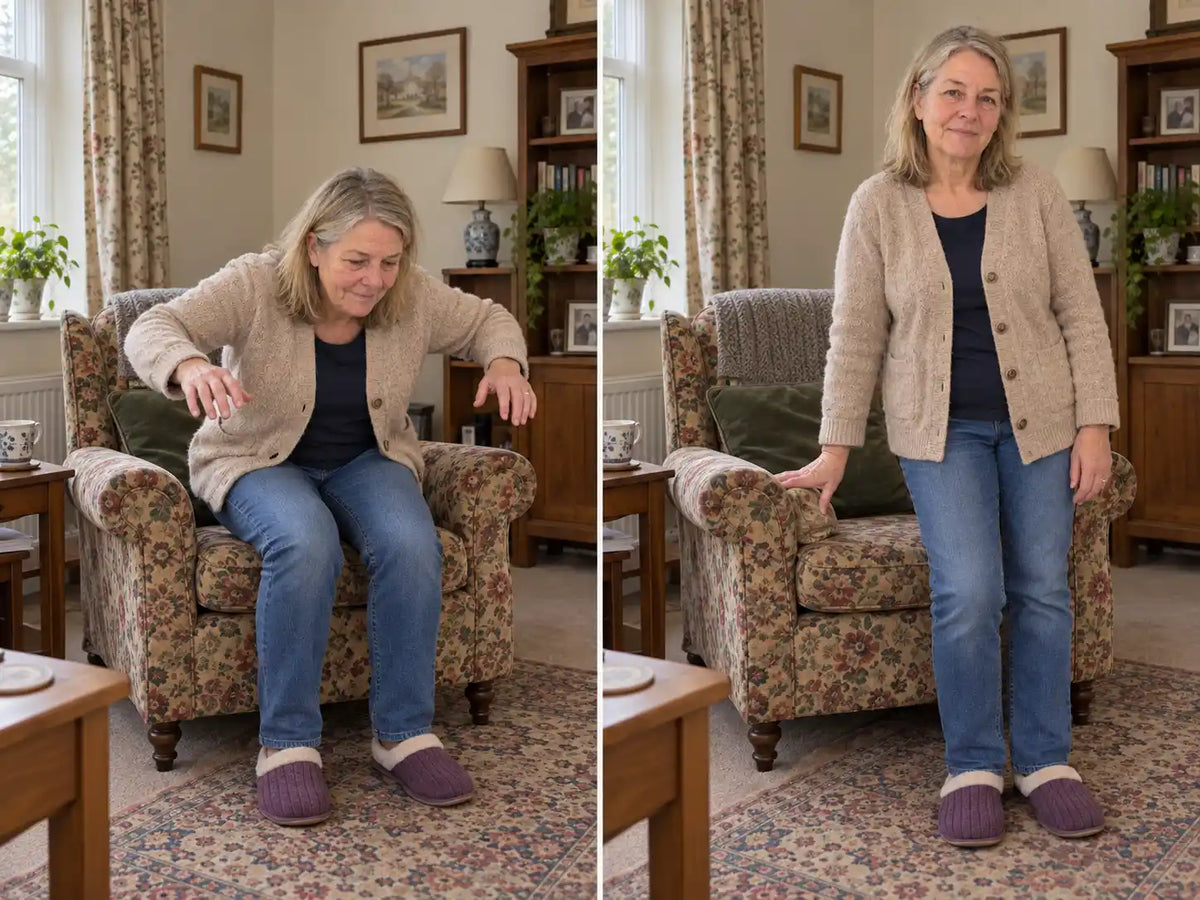 Standing up from a deep armchair without your arms, then with one hand on the arm